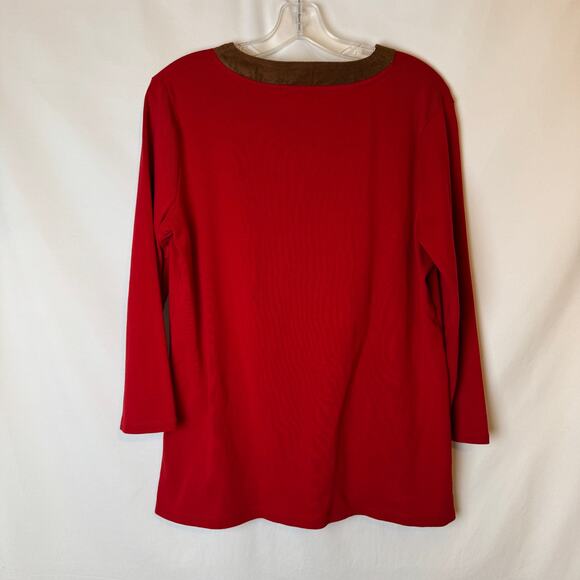 Lauren Ralph Lauren Red V Neck Top with Faux Suede Trim Size Large - Picture 3 of 7